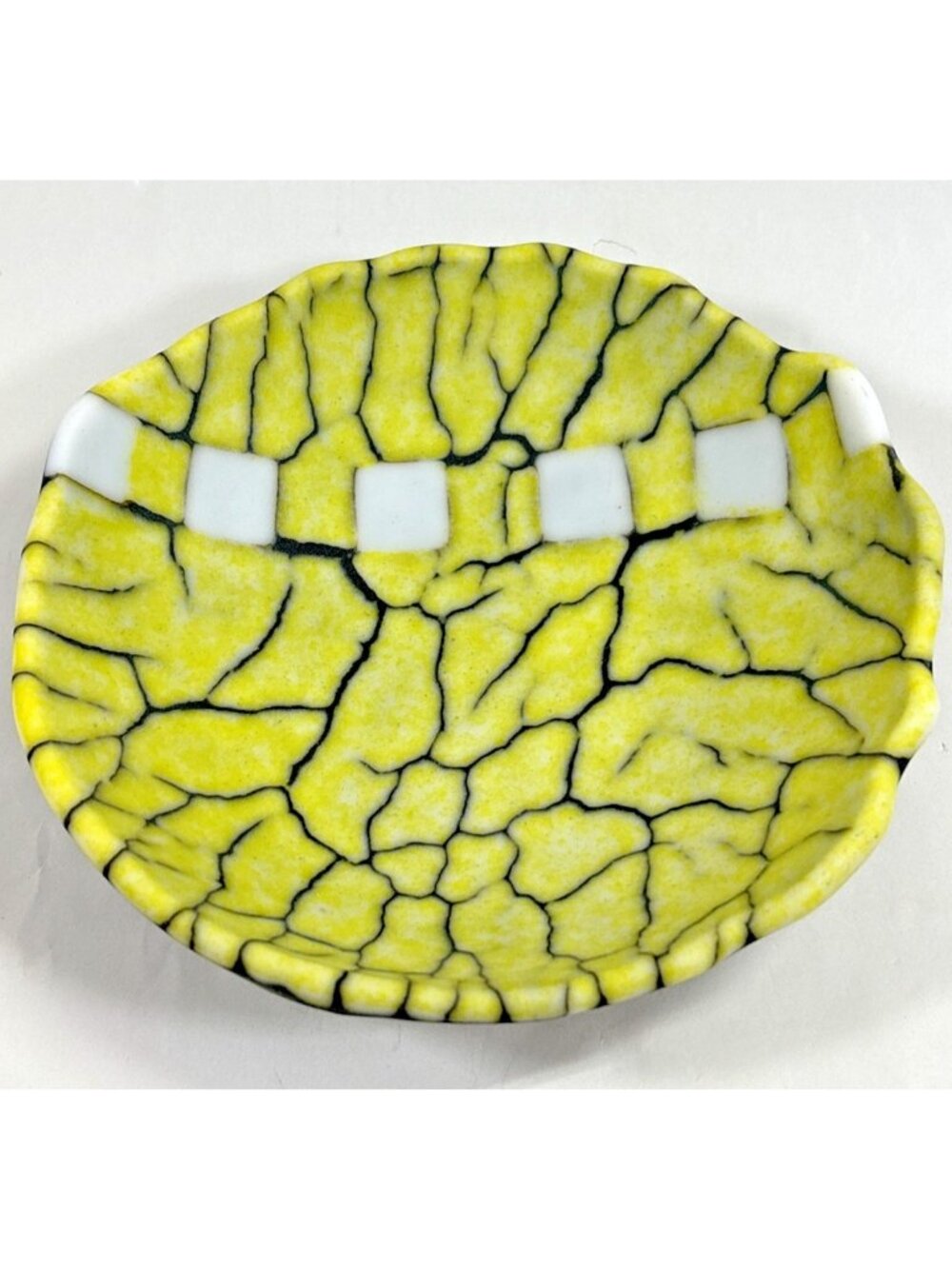 Art Glass Trinket Bowl Cracked Lava Yellow Black Blurry Abstract Signed B
